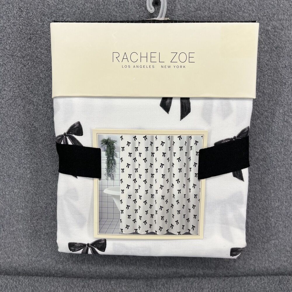 Rachel Zoe Shower Curtain White Black Bows Fabric 72" x 72"